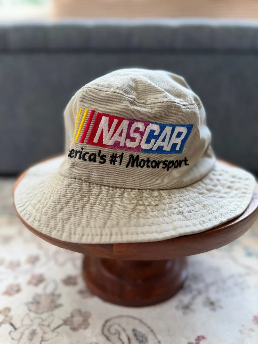 Vintage NASCAR Khaki Bucket Hat with Embroidered Logo